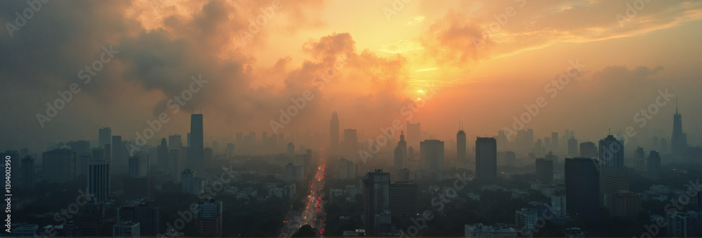 Fine particulate matter visibly contaminating the air in a panoramic urban landscape. Urban Particulate Air Pollution. Fine particulate matter visibly contaminating the air in a panoramic urban landscape. Urban Particulate Air Pollution.