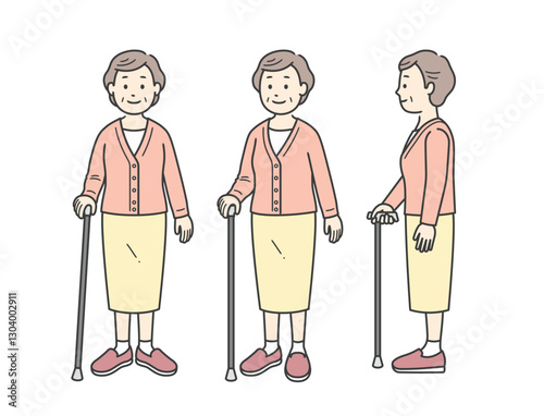 杖をつく高齢女性の全身イラストめ