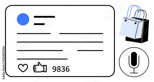Social media post engagement card showing thumbs ups, reactions, and interactions, alongside shopping bags and a microphone icon. Ideal for digital marketing, social media, e-commerce, online