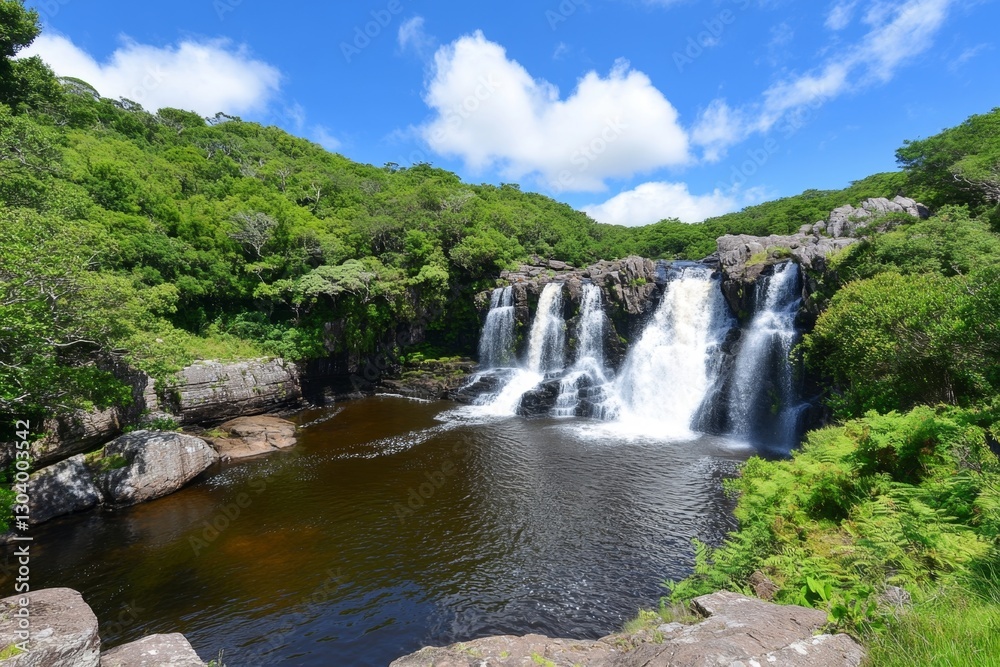 Obraz premium A rainforest waterfall surrounded by dense vegetation, cascading into a hidden pool