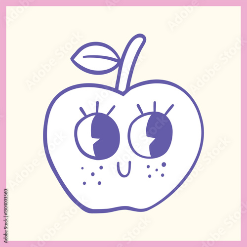 Adorable cartoon-style illustration of an apple with big expressive eyes, freckles, and a happy face, outlined in purple on a pastel background, Vector Illustration