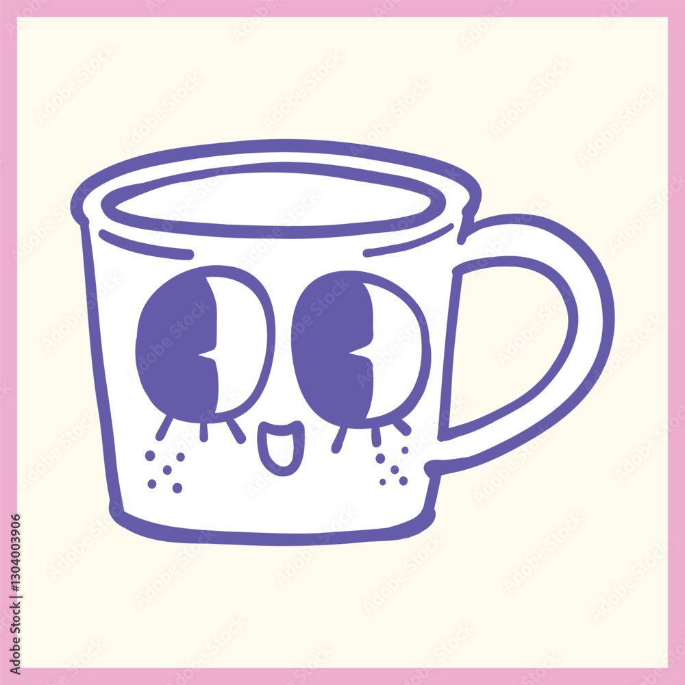 Adorable hand-drawn coffee mug with large expressive eyes and a happy face, outlined in purple with a pastel pink border, Vector Illustration Adorable hand-drawn coffee mug with large expressive eyes and a happy face, outlined in purple with a pastel pink border, Vector Illustration