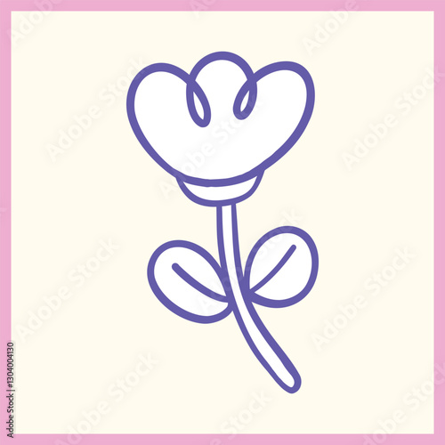 Hand-drawn doodle of a simple flower with curved petals and leaves, illustrated in a minimalist and cartoon style with pastel colors, Vector Illustration