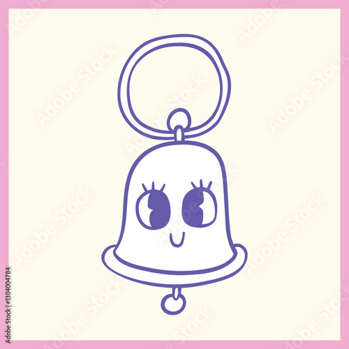 Minimalist cartoon illustration of a cute bell-shaped keychain with expressive eyes, outlined in purple with a pastel pink border, Vector Illustration