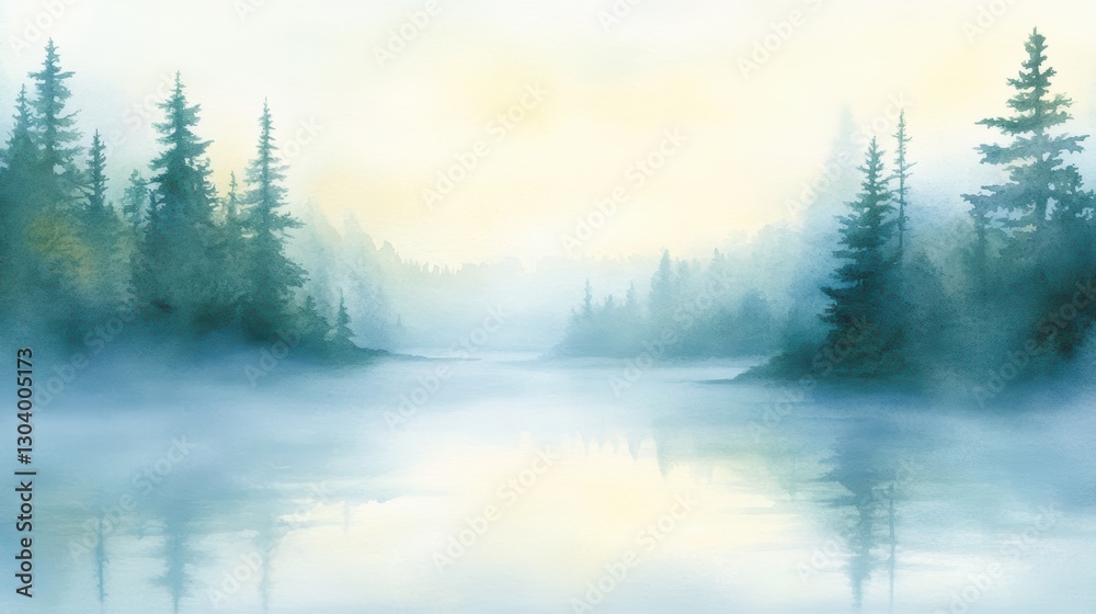 Fototapeta premium Tranquil lake painting, serene landscape with trees and reflective waters ideal nature artwork