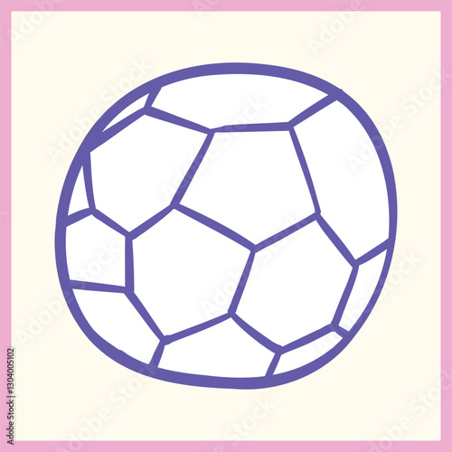 Minimalist cartoon illustration of a soccer ball with a hand-drawn outline, featuring a purple sketch style and a pastel pink border, Vector Illustration