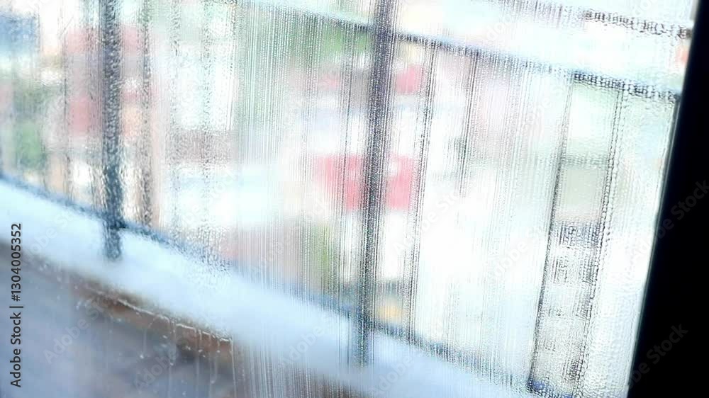 Cleaning foggy window with a squeegee on a balcony