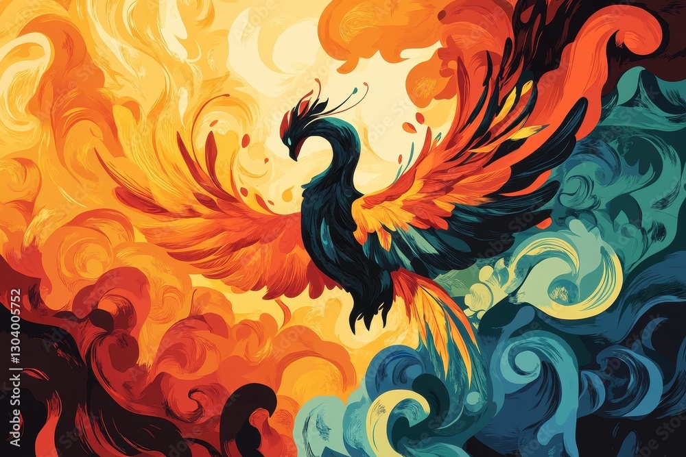 A stylized phoenix with vibrant wings soars through clouds A stylized phoenix with vibrant wings soars through clouds