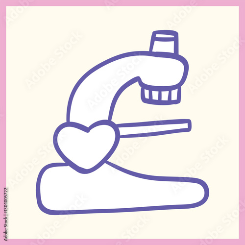 Minimalist doodle of a microscope with a heart symbol, drawn in a playful cartoon style with pastel colors, representing science and love, Vector Illustration