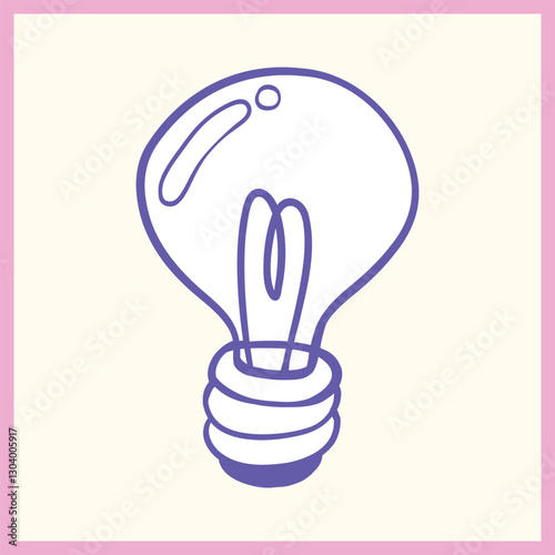 Minimalist doodle of a classic light bulb with a filament, outlined in purple with a pastel pink border on a light background, Vector Illustration