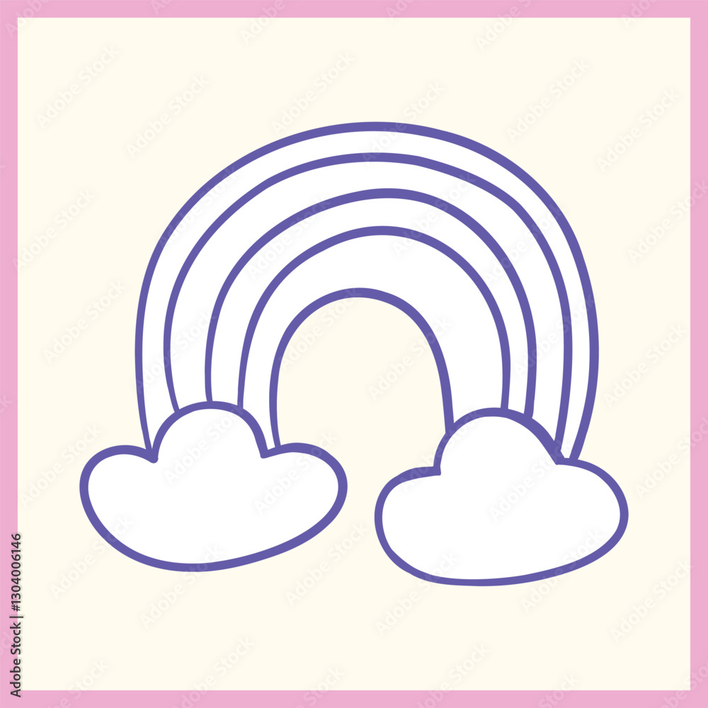 Minimalist doodle of a rainbow with two fluffy clouds, outlined in purple with a pastel pink border on a light background, Vector Illustration Minimalist doodle of a rainbow with two fluffy clouds, outlined in purple with a pastel pink border on a light background, Vector Illustration