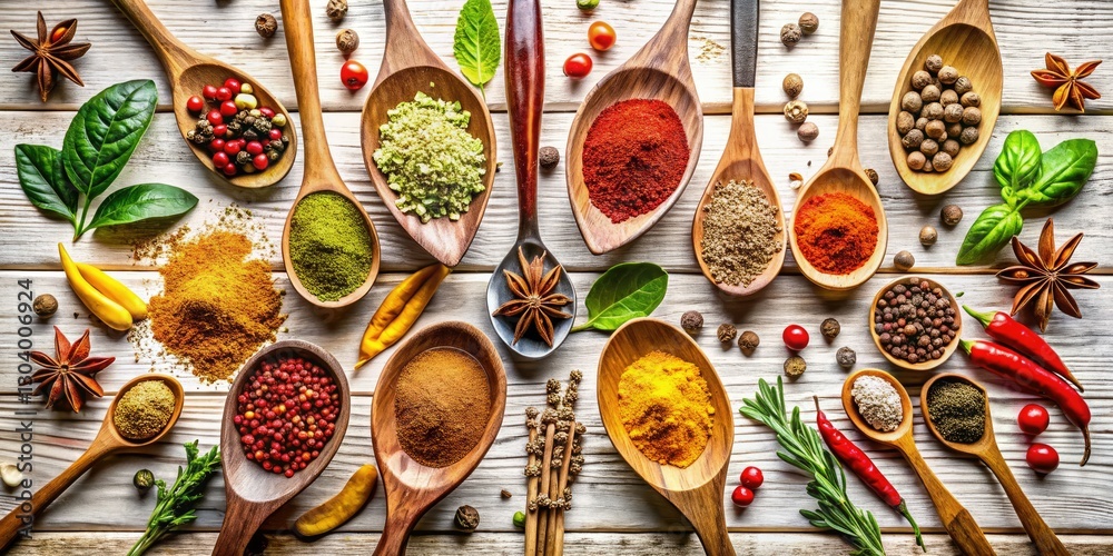 Fototapeta premium Panoramic Spice Spoons: Aromatic Wooden Table Photography - High-Resolution Image