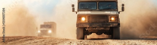 Off-road trucks driving through dusty terrain desert environment action shot from low angle adventure concept
