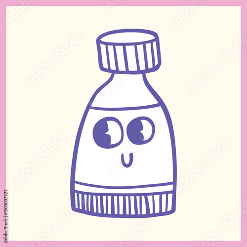Playful cartoon-style illustration of a bottle with a happy face and big expressive eyes, outlined in purple on a pastel background, Vector Illustration