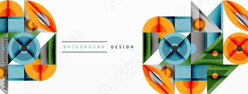 Geometric abstract composition with intersecting shapes, circles, triangles, and gradients, blending vibrant colors and dynamic contrasts to create a modern, futuristic visual design