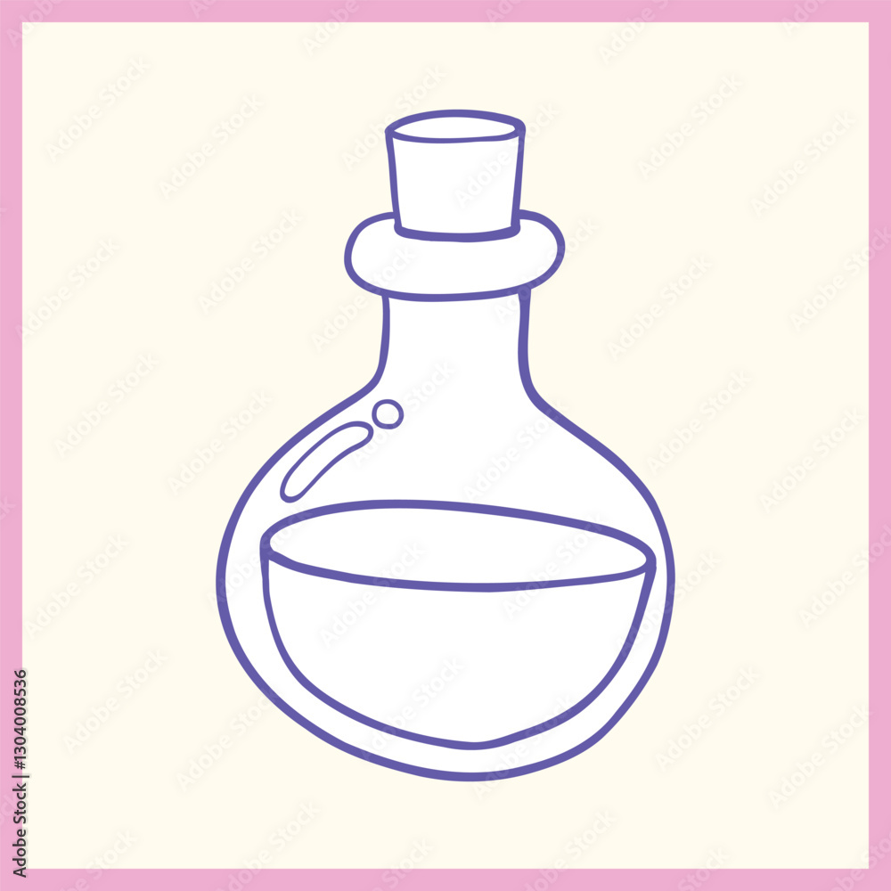 Simple hand-drawn outline of a round potion bottle with liquid inside, featuring a cork stopper and a pastel pink border, Vector Illustration Simple hand-drawn outline of a round potion bottle with liquid inside, featuring a cork stopper and a pastel pink border, Vector Illustration