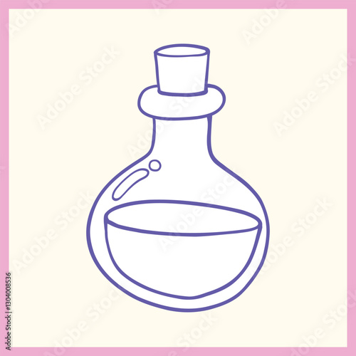 Simple hand-drawn outline of a round potion bottle with liquid inside, featuring a cork stopper and a pastel pink border, Vector Illustration