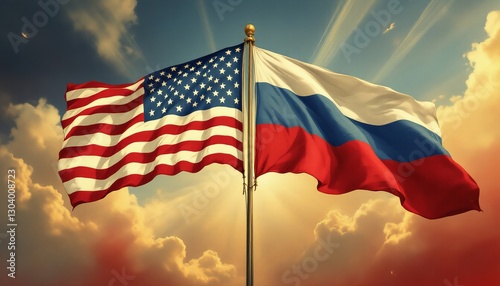 American and Russian flags together Illustration retro style photo