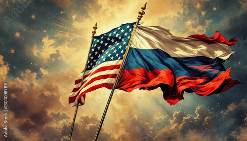 American and Russian flags together Illustration retro style photo