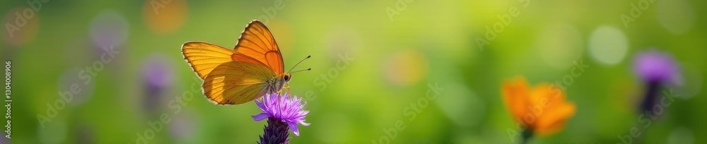 Intricate orange butterfly wings against a vibrant purple bloom in a green summer field , butterfly, flower Intricate orange butterfly wings against a vibrant purple bloom in a green summer field , butterfly, flower