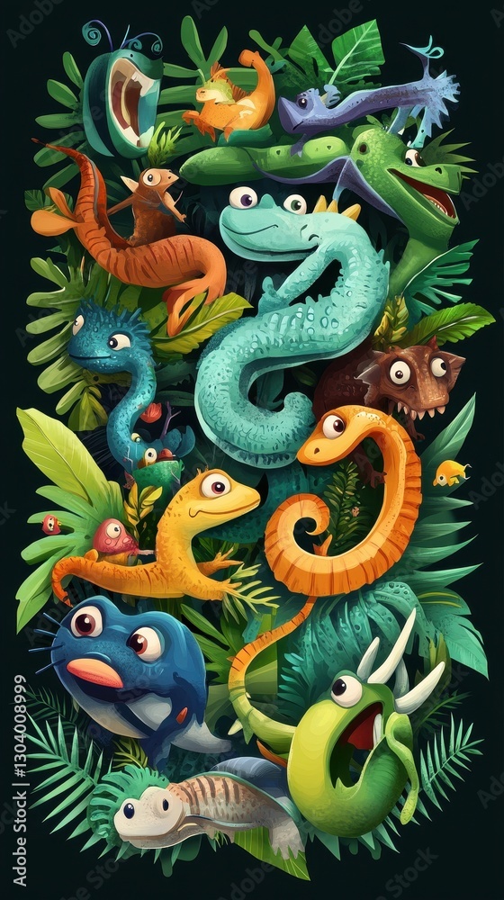 custom made wallpaper toronto digitalColorful Cartoon Creatures In Dense Green Tropical Foliage Composition