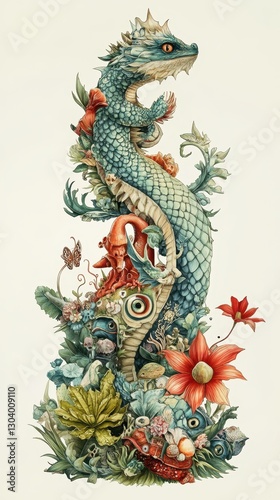 Wallpaper Mural A Detailed Illustration Depicting a Dragon and Natural Elements Torontodigital.ca