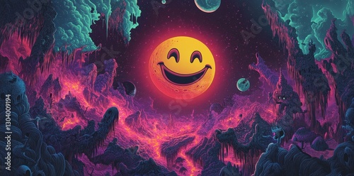 A Smiling Celestial Body Illuminates a Fantasy Landscape Under Space