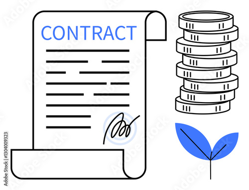 Contract with signature alongside stacked coins and a leaf sprout. Ideal for business, finance, legal agreements, investment, sustainability, growth, innovation. Flat simple metaphor