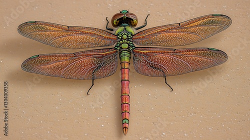 Colorful dragonfly on beige surface photo