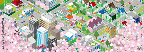 桜咲く春の街並みのイラスト. アイソメ図.