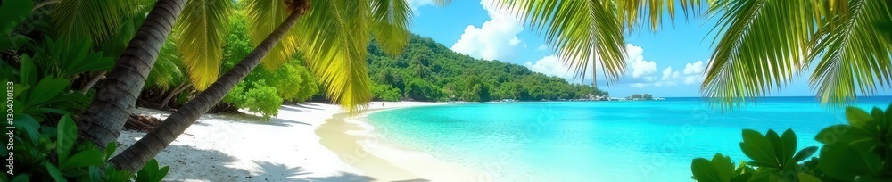 Lush palm trees frame turquoise waters lapping pristine Malcapuya Island's white sand , relaxing, tropical, paradise Lush palm trees frame turquoise waters lapping pristine Malcapuya Island's white sand , relaxing, tropical, paradise