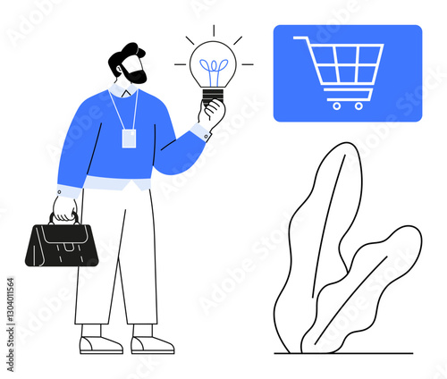 Man holding a glowing bulb, symbolizing ideas, near a shopping cart, briefcase, and plant. Ideal for e-commerce, innovation, entrepreneurship, technology business strategy online shopping creative