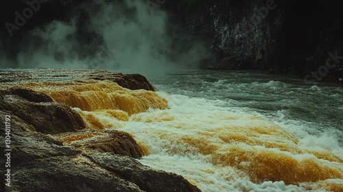 Yellow river rapids, misty mountains, nature scene