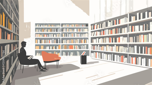 The image is a stylized illustration of a modern library interior.  The color palette is muted, with predominantly off-white and beige tones.  The illustration features floor-to-ceiling
