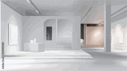 The image depicts a minimalist interior space, predominantly white.  The scene shows a large, open gallery or exhibition area with high ceilings and white walls.  Architectural features