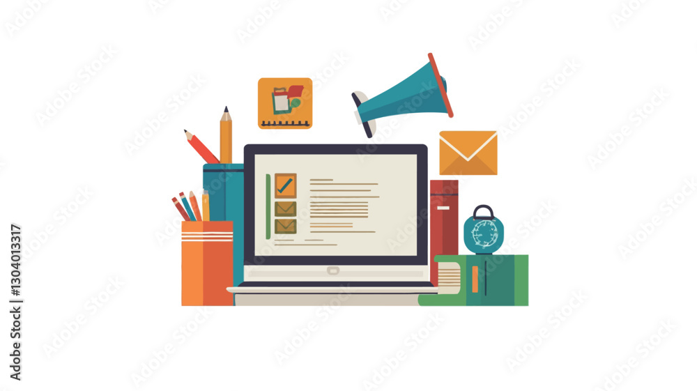 A digital illustration depicting a laptop computer at the center, surrounded by floating icons representing office supplies like pencils, a notepad, and books; and communication tools such A digital illustration depicting a laptop computer at the center, surrounded by floating icons representing office supplies like pencils, a notepad, and books; and communication tools such
