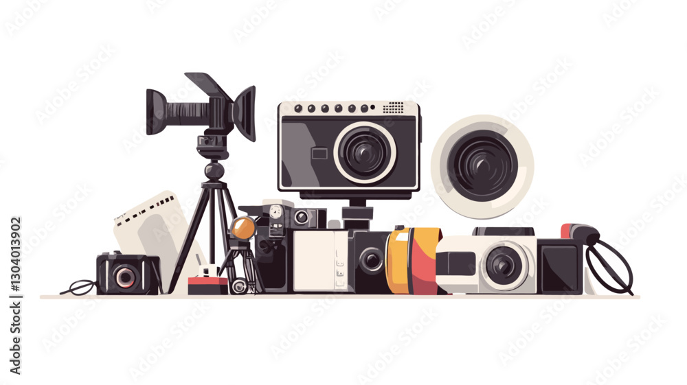 Fototapeta premium A digital illustration depicting a collection of various photography and videography equipment against a white background. The equipment includes several cameras of different styles and