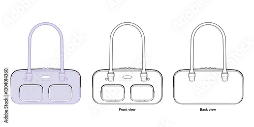 Cute Multi-Pocket Utility Handbag Technical Fashion Illustration. Structured Shoulder Bag Vector Template. Functional Design with Dual Front Zip Pockets. Unisex Casual Streetwear Bag. CAD Mockup set.