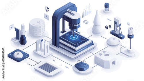 Isometric illustration depicting a 3D printer as the central element, surrounded by various interconnected technological components represented in shades of blue and white.  The style is