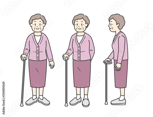 杖をつく後期高齢女性の全身イラスト
