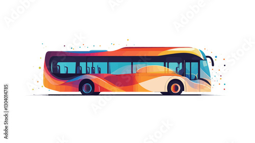 A stylized illustration of a bus rendered in a vibrant, abstract style. The bus is depicted in a side profile view, showcasing a smooth, flowing design with a blend of warm and cool