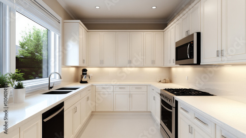 functional galley style kitchen featuring integrated appliances, white cabinetry, and modern design elements. bright space is enhanced by natural light and sleek finishes
