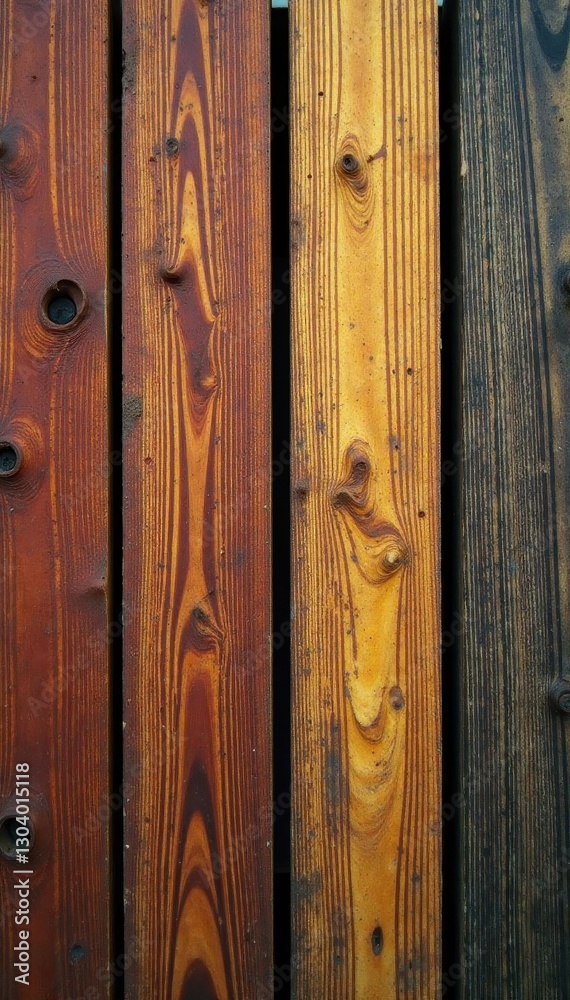 Fototapeta premium Rustic wooden slats, bottom view, close-up Focus on texture , exterior, craftsmanship, construction