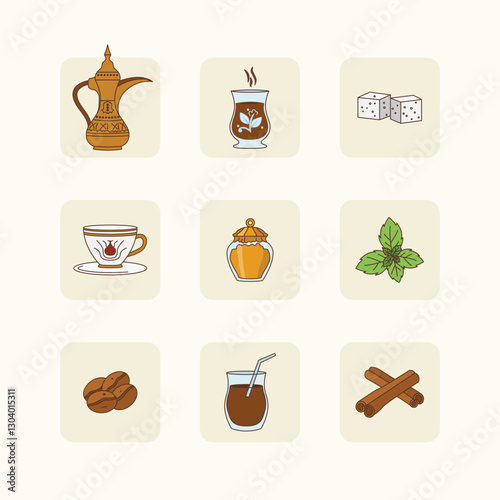 9 beautifully crafted icons representing traditional Middle Eastern coffee and tea culture.