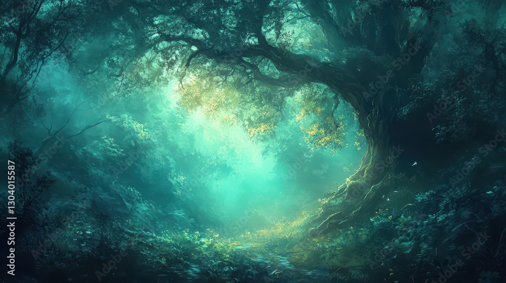 Obraz premium A mystical forest scene illuminated by ethereal light and nature