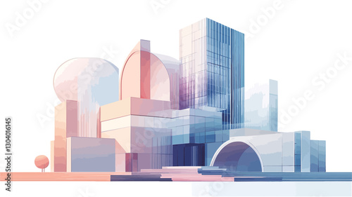 The image is a digital illustration depicting a stylized cityscape.  The buildings are rendered in simplified geometric forms with soft, pastel color gradients of blues, pinks, and purples.