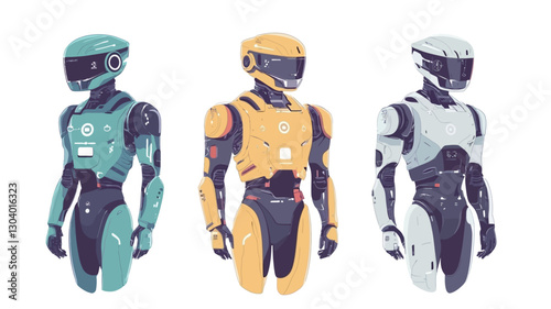 The image features three stylized illustrations of robots. Each robot is depicted from the knees up and is wearing a full-body suit in a different color: teal, yellow, and white. The suits