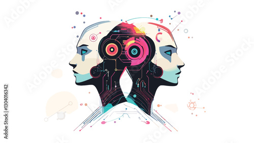 The image is a digital illustration depicting two stylized heads, profile view, seemingly connected at the back.  The heads resemble androids or cyborgs, with internal circuitry and vibrant