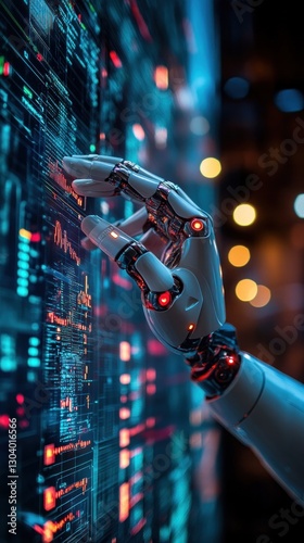 Close-up of a robotic hand interacting with holographic AI data charts