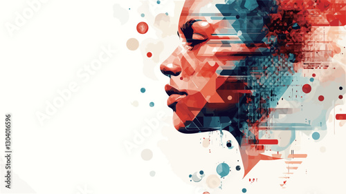 The image is a digital illustration depicting the profile of a woman's face.  The style is abstract and uses geometric shapes and a fragmented approach to rendering the face.  Predominant